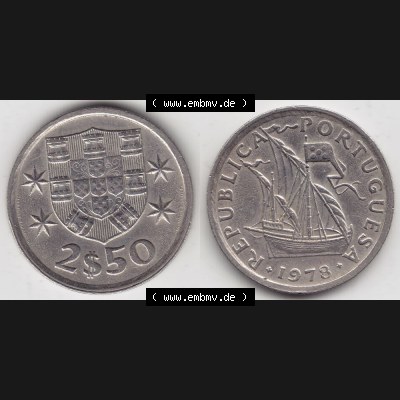 Münzen Portugal Umlaufmünze 1963-1985, 2,50 Escudos 1978. Vorderseite und Rückseite auf einen Bild/Foto der portugiesischen Umlaufmünze aus Portugal vor der Euro-Einführung... Sammlung