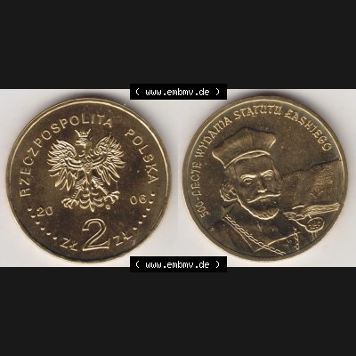 Münzen Polen Gedenkmünze 2006-2006, 2 Zloty, 500. Jahrestag - Proklamation des Statuts von Jan Laski, Bild mit Vollansicht als Bildmaterial Sammlung
