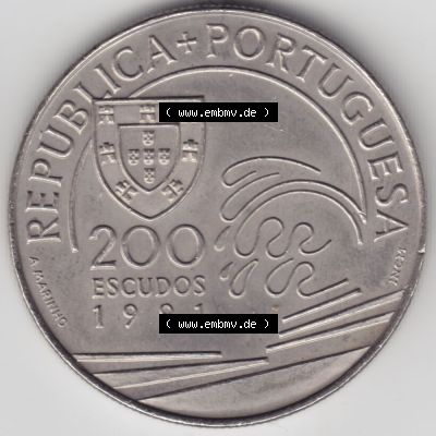 Münzen Portugal Gedenkmünze 1991-1991, 200 Escudos, Colombo E Portugal 1476-1485. Vorderseite der Gedenkmünze aus Portugal zum katalogisieren im Münzen-Katalog und... Sammlung