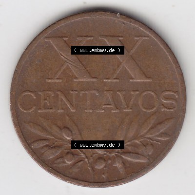 Münzen Portugal Umlaufmünze 1942-1969, 20 Centavos 1960. Vorderseite der Escudo Umlaufmünze aus Portugal vor EInführung der Euromünzen in Portugal zum katalogisieren... Sammlung