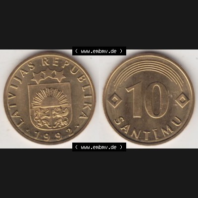 Münzen Lettland Umlaufmünze 1992-2008, 10 Santimu 1992, Bild mit horizontaler Vollansicht als Bildmaterial Sammlung