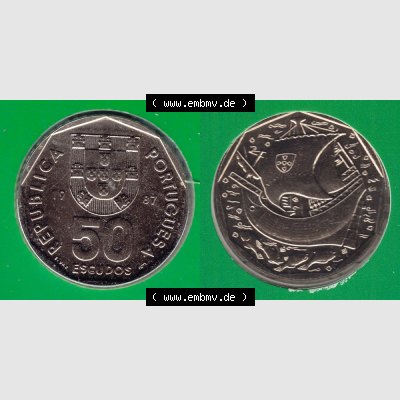 Münzen Portugal KMS Umlaufmünze 1987, 50 Escudos. Vorderseite und Rückseite auf einen Bild/Foto der portugiesischen Umlaufmünze aus Portugal vor der Euro-Einführung... Sammlung