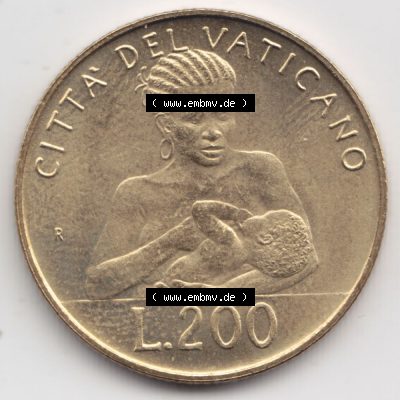 Münzen Vatikan / Vatikanstadt Umlaufmünze 1992-1992, 200 Lire Papst Giovanni Paolo II, Bild mit Rückseite der Münze als Bildmaterial. Münze aus dem Vatikan... Sammlung