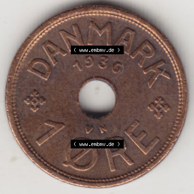 Münzen Dänemark Umlaufmünze 1926-1940, 1 Öre 1936. Rückseite der alten dänischen Umlaufmünze aus Dänemark zum katalogisieren und verwalten im Münzen-Katalog... Sammlung