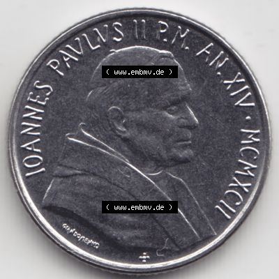 Münzen Vatikan / Vatikanstadt Umlaufmünze 1992-1992, 100 Lire Papst Giovanni Paolo II, Bild mit Vorderseite der Münze als Bildmaterial. Münze aus dem Vatikan... Sammlung