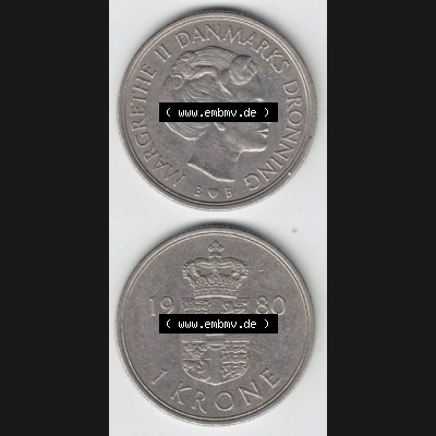 Münzen Dänemark Umlaufmünze 1979-1981, 1 Krone 1980 Kursmünze. Vorderseite und Rückseite vertikal auf einen digitalen Bild der alten dänischen Umlaufmünze... Sammlung
