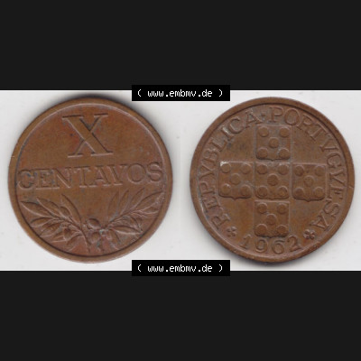 Münzen Portugal Umlaufmünze 1942-1969, 10 Centavos 1962. Vorderseite und Rückseite auf einen Bild/Foto der portugiesischen Umlaufmünze aus Portugal vor der Euro-Einführung... Sammlung