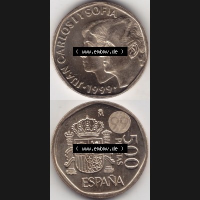 Münzen Spanien Umlaufmünze 1993-2001, 500 PTAS, Peseten 1999, Münze aus Spanien, Umlaufmünze / aus Zahlungsverkehr mit Münzseiten Vertikal / Untereinander... Sammlung