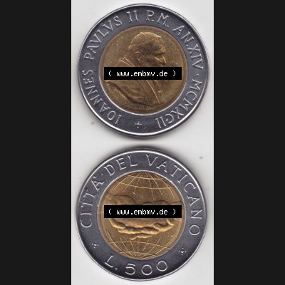 Münzen Vatikan / Vatikanstadt Umlaufmünze 1992-1992, 500 Lire Papst Giovanni Paolo II, Münzseiten Untereinander als Bildmaterial. Münze aus dem Vatikan der Vatikanstadt... Sammlung
