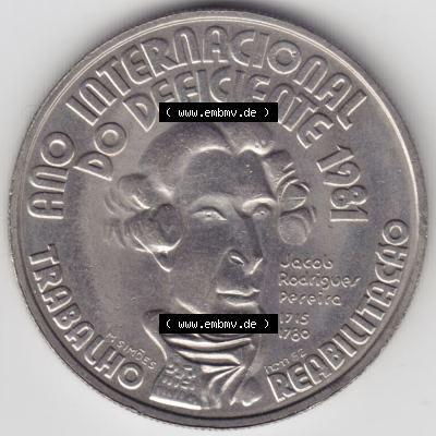 Münzen Portugal Gedenkmünze 1981-1981, 100 Escudoas, Ano Internacional, do Deficiente 1981. Rückseite der portugiesischen Gedenkmünze aus Portugal vor der Euro-Einführung... Sammlung