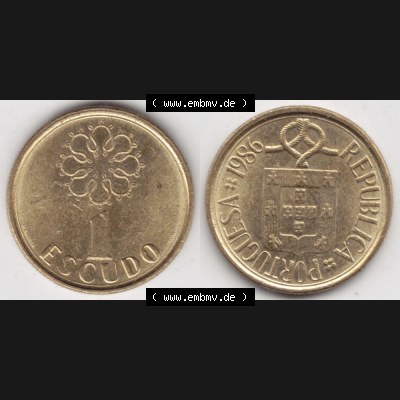 Münzen Portugal Umlaufmünze 1986-2001, 1 Escudo 1986. Vorderseite und Rückseite auf einen Bild/Foto der portugiesischen Umlaufmünze aus Portugal vor der Euro-Einführung... Sammlung