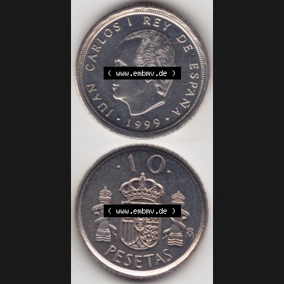 Münzen Spanien Umlaufmünze 1998-2000, 10 Pesetas, Peseten 1999, Münze aus Spanien, Umlaufmünze / aus Zahlungsverkehr mit Münzseiten Vertikal / Untereinander... Sammlung