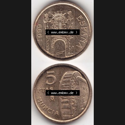 Münzen Spanien Umlaufmünze 1999-1999, 5 Ptas, Peseten 1999, Münze aus Spanien, Umlaufmünze / aus Zahlungsverkehr mit Münzseiten Vertikal / Untereinander... Sammlung