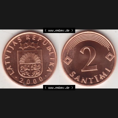 Münzen Lettland Umlaufmünze 1992-2009, 2 Santimi 2000, Bild mit horizontaler Vollansicht als Bildmaterial Sammlung