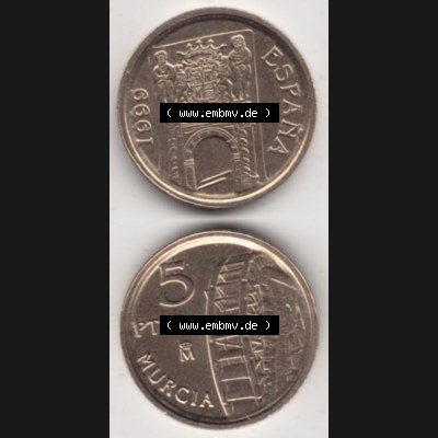 Münzen Spanien Umlaufmünze 1999-1999, 5 Peseten 1999, Münze aus Spanien, Umlaufmünze / aus Zahlungsverkehr mit Münzseiten Vertikal / Untereinander auf... Sammlung