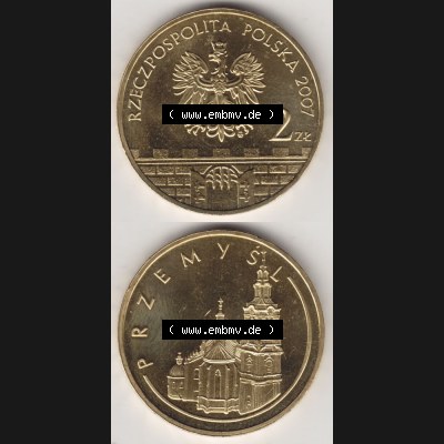 Münzen Polen Gedenkmünze 2007-2007, 2 Zloty, Historische Städte in Polen - Przemysl, Münzseiten Untereinander als Bildmaterial Sammlung