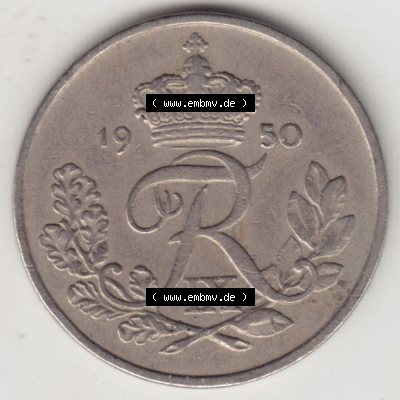 Münzen Dänemark Umlaufmünze 1948-1960, 25 Öre 1950. Vorderseite der alten dänischen Umlaufmünze aus Dänemark zum katalogisieren und verwalten im Münzen-Katalog... Sammlung