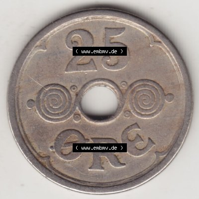 Münzen Dänemark Umlaufmünze 1924-1947, 25 Öre 1924. Rückseite der alten dänischen Umlaufmünze aus Dänemark zum katalogisieren und verwalten im Münzen-Katalog... Sammlung