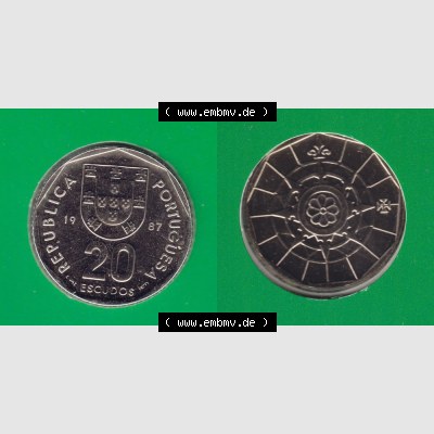Münzen Portugal KMS Umlaufmünze 1987, 20 Escudos. Vorderseite und Rückseite auf einen Bild/Foto der portugiesischen Umlaufmünze aus Portugal vor der Euro-Einführung... Sammlung