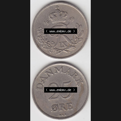 Münzen Dänemark Umlaufmünze 1948-1955, 25 Öre 1949 Kursmünze. Vorderseite und Rückseite vertikal auf einen digitalen Bild der alten dänischen Umlaufmünze... Sammlung