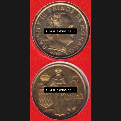Münzen Monaco Umlaufmünze 1976-1995, 5 Centimes 1995, Münzseiten Untereinander als Bildmaterial Sammlung