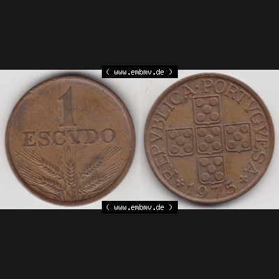 Münzen Portugal Umlaufmünze 1969-1979, 1 Escudo 1975. Vorderseite und Rückseite auf einen Bild/Foto der portugiesischen Umlaufmünze aus Portugal vor der Euro-Einführung... Sammlung
