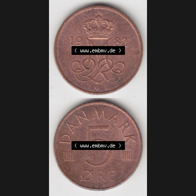 Münzen Dänemark Umlaufmünze 1982-1988, 5 Öre 1982 Kursmünzen. Vorderseite und Rückseite vertikal auf einen digitalen Bild der alten dänischen Umlaufmünze... Sammlung