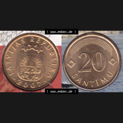 Münzen Lettland Umlaufmünze 1992-2009, 20 Centimes 2007, aus Münzensatz Bild mit horizontaler Vollansicht als Bildmaterial Sammlung