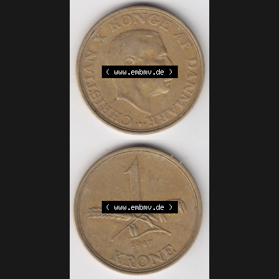 Münzen Dänemark Umlaufmünze 1947, 1 Krone. Vorderseite und Rückseite vertikal auf einen digitalen Bild der alten dänischen Umlaufmünze aus Dänemark zum katalogisieren... Sammlung