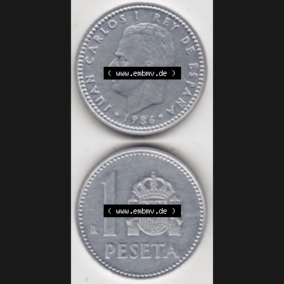 Münzen Spanien Umlaufmünze 1982-1989, 1 Pesete 1986, Münze aus Spanien, Umlaufmünze / aus Zahlungsverkehr mit Münzseiten Vertikal / Untereinander auf... Sammlung