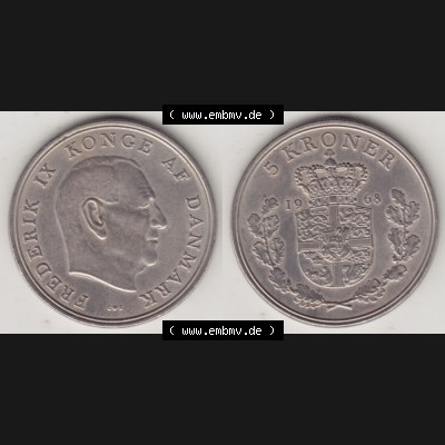 Münzen Dänemark Umlaufmünze 1960-1972, 5 Kronen 1968, König Frederick IX. Vorderseite und Rückseite horizontal auf einen digitalen Bild der alten dänischen... Sammlung