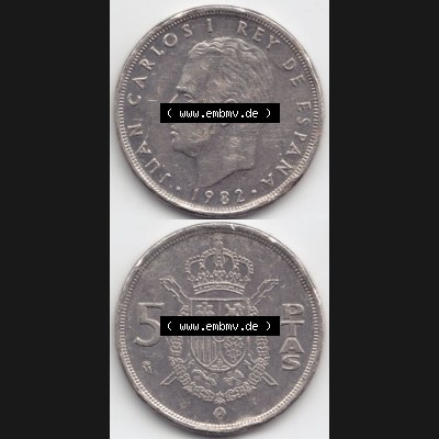 Münzen Spanien Umlaufmünze 1982-1989, 5 PETAS, Peseten 1982, Münze aus Spanien, Umlaufmünze / aus Zahlungsverkehr mit Münzseiten Vertikal / Untereinander... Sammlung