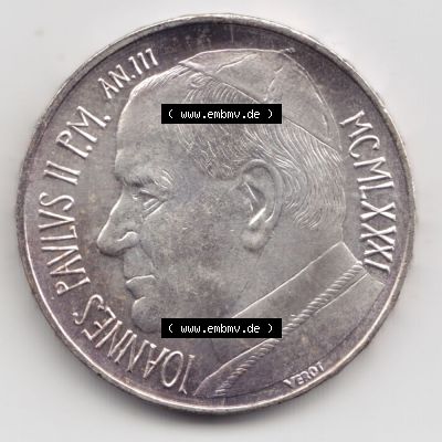 Münzen Vatikan / Vatikanstadt Umlaufmünze 1981-1981, 500 Lire Silbermünze Papst Johannes Paul II, Bild mit Vorderseite der Münze als Bildmaterial. Münze... Sammlung