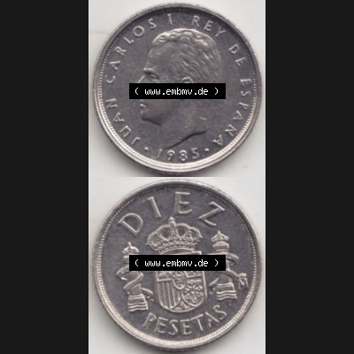 Münzen Spanien Umlaufmünze 1983-1985, 10 Peseten 1985, Münze aus Spanien, Umlaufmünze / aus Zahlungsverkehr mit Münzseiten Vertikal / Untereinander auf... Sammlung