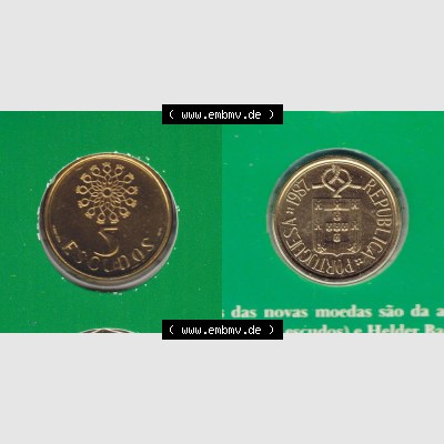 Münzen Portugal KMS Umlaufmünze 1987, 5 Escudo. Vorderseite und Rückseite auf einen Bild/Foto der portugiesischen Umlaufmünze aus Portugal vor der Euro-Einführung... Sammlung