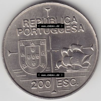 Münzen Portugal Gedenkmünze 1992-1992, 200 Escudos, California 1542-1992, Joao Rodrigues Cabrilho. Vorderseite der Gedenkmünze aus Portugal zum katalogisieren im... Sammlung