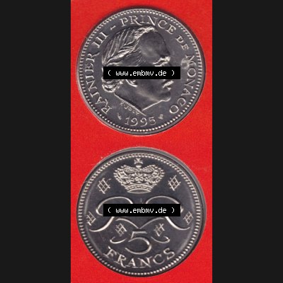 Münzen Monaco Umlaufmünze 1971-1995, 5 Francs 1995, Münzseiten Untereinander als Bildmaterial Sammlung