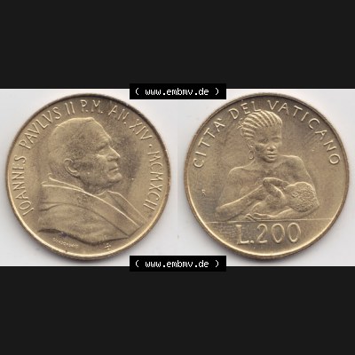 Münzen Vatikan / Vatikanstadt Umlaufmünze 1992-1992, 200 Lire Papst Giovanni Paolo II, Bild mit Vollansicht als Bildmaterial. Münze aus dem Vatikan der Vatikanstadt... Sammlung