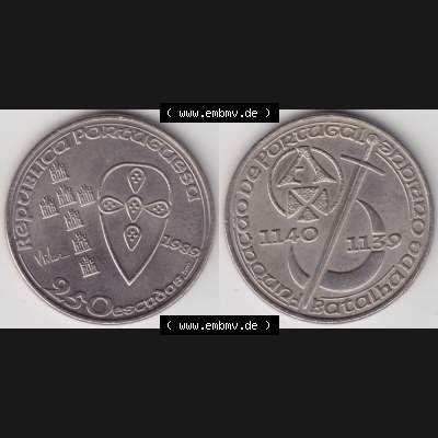 Münzen Portugal Gedenkmünze 1989-1989, 250 Escudos Batalha de Ourique, Schlacht von Ourique. Vorderseite und Rückseite auf einen Bild/Foto der portugiesischen Gedenkmünze... Sammlung