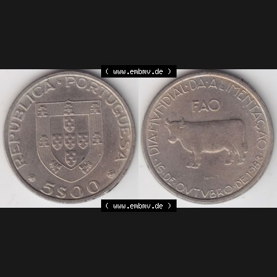 Münzen Portugal Gedenkmünze 1983-1983, 5 Escudos Da Mvndial Da Alimentacao, 16 De Ovtvbro De 1983. Vorderseite und Rückseite auf einen Bild/Foto der portugiesischen... Sammlung