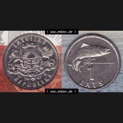 Münzen Lettland Umlaufmünze 1992-2008, 1 Lats 2007, aus Münzensatz Bild mit horizontaler Vollansicht als Bildmaterial Sammlung
