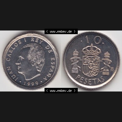 Münzen Spanien Umlaufmünze 1998-2000, 10 Pesetas, Peseten 1999, Bild mit Vollansicht als Bildmaterial Sammlung