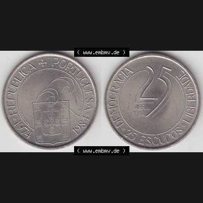 Münzen Portugal Gedenkmünze 1984-1984, 25 Escudos Democracia Liberdade, Abril 1984, Demokratie und Freiheit . Vorderseite und Rückseite auf einen Bild/Foto der... Sammlung