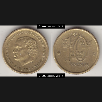 Münzen Schweden Umlaufmünze 1991-2000, 10 Kronen 1992, Bild mit Vollansicht als Bildmaterial Sammlung