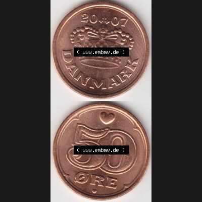 Münzen Dänemark Umlaufmünze 2007 50 Öre. Vorderseite und Rückseite vertikal auf einen digitalen Bild der alten dänischen Umlaufmünze aus Dänemark zum katalogisieren... Sammlung