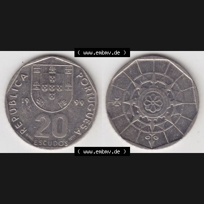 Münzen Portugal Umlaufmünze 1998-2001, 20 Escudos 1999. Vorderseite und Rückseite auf einen Bild/Foto der portugiesischen Umlaufmünze aus Portugal vor der Euro-Einführung... Sammlung