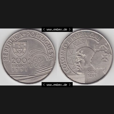 Münzen Portugal Gedenkmünze 1991-1991, 200 Escudos, Colombo E Portugal 1476-1485. Vorderseite und Rückseite auf einen Bild/Foto der portugiesischen Gedenkmünze... Sammlung