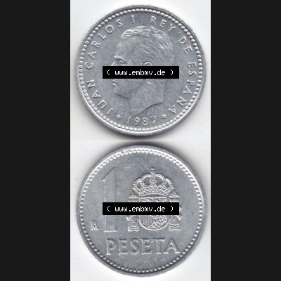Münzen Spanien Umlaufmünze 1982-1989, 1 Peseta, 1 Pesete 1987, Münze aus Spanien, Umlaufmünze / aus Zahlungsverkehr mit Münzseiten Vertikal / Untereinander... Sammlung