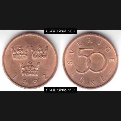 Münzen Schweden Umlaufmünze 1992-2009, 50 Öre 1992, Bild mit Vollansicht als Bildmaterial Sammlung