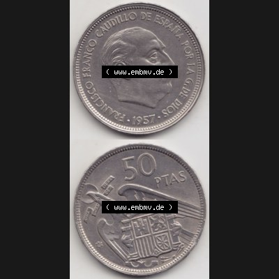Münzen Spanien Umlaufmünze 1957-1957, 50 Peseten 1960, Münze aus Spanien, Umlaufmünze / aus Zahlungsverkehr mit Münzseiten Vertikal / Untereinander auf... Sammlung